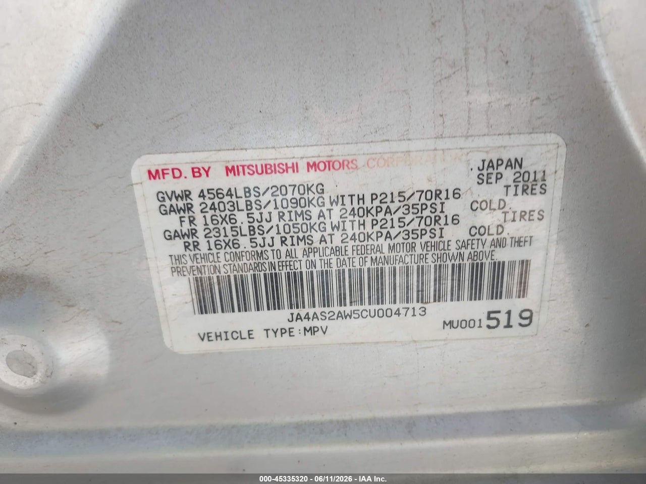 2012 MITSUBISHI OUTLANDER ES thumbnail 10