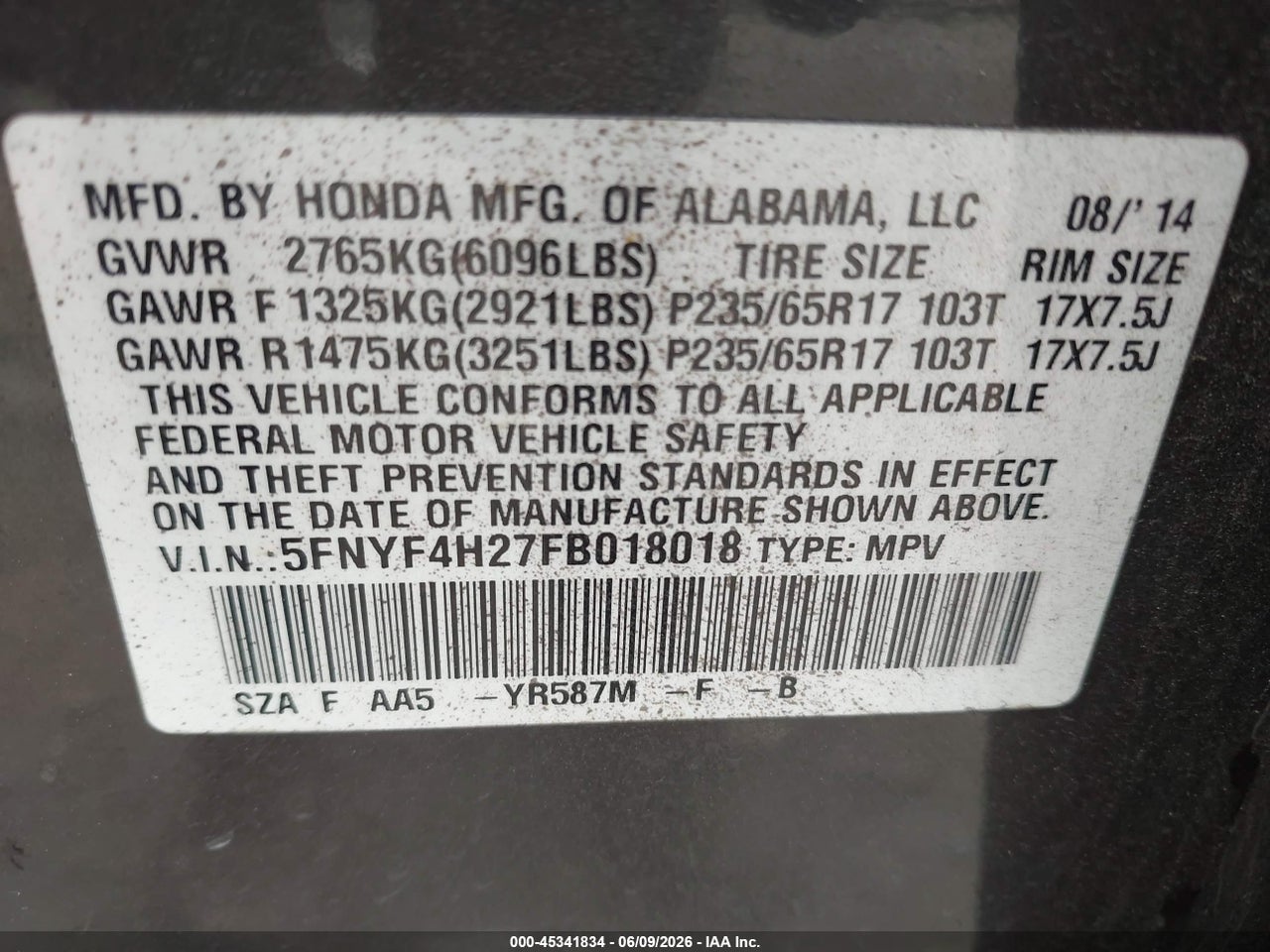 2015 HONDA PILOT LX thumbnail 10