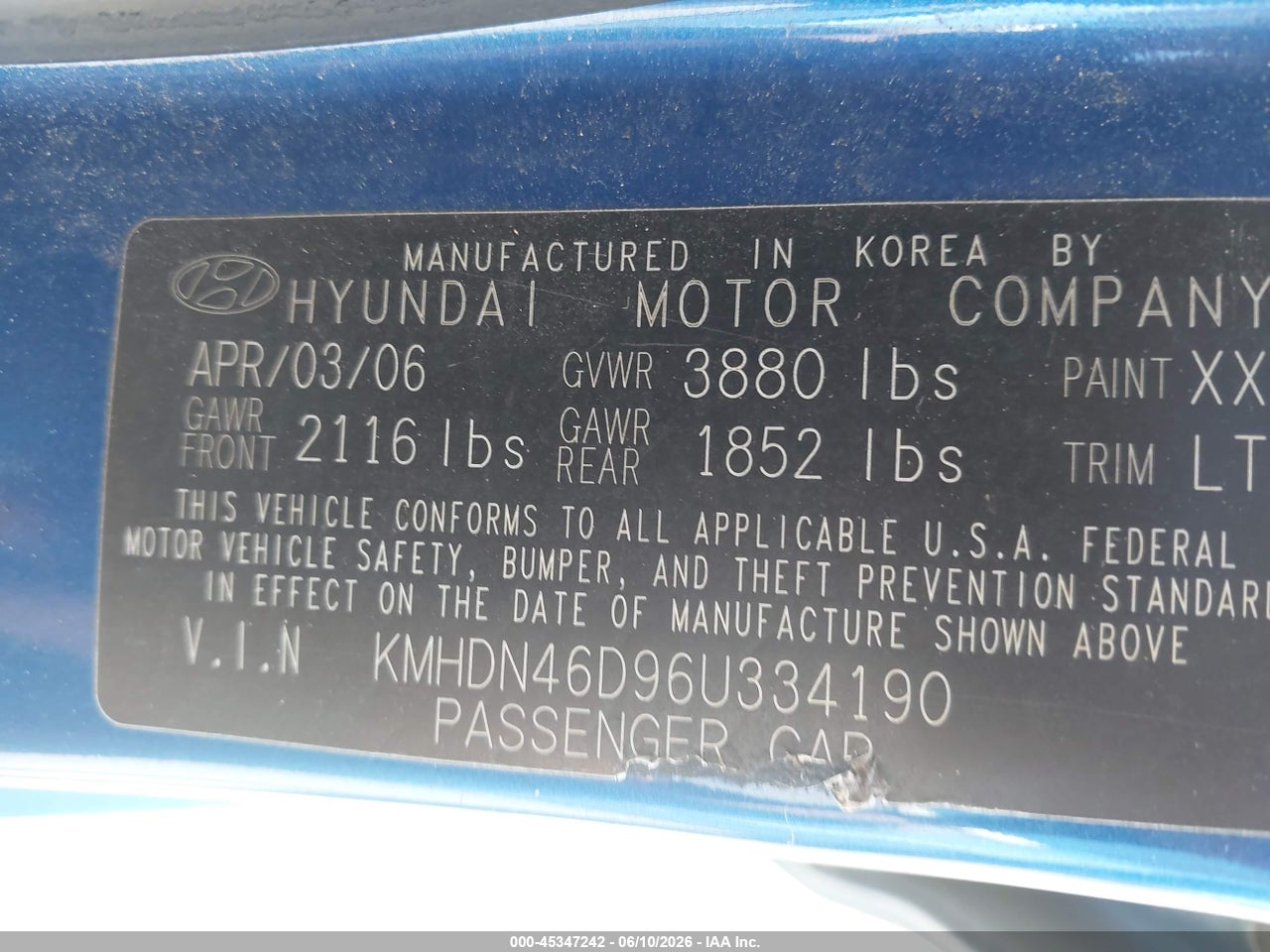 2006 HYUNDAI ELANTRA GLS/LIMITED thumbnail 10