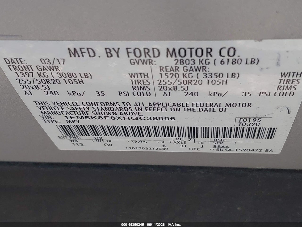 2017 FORD EXPLORER LIMITED thumbnail 10