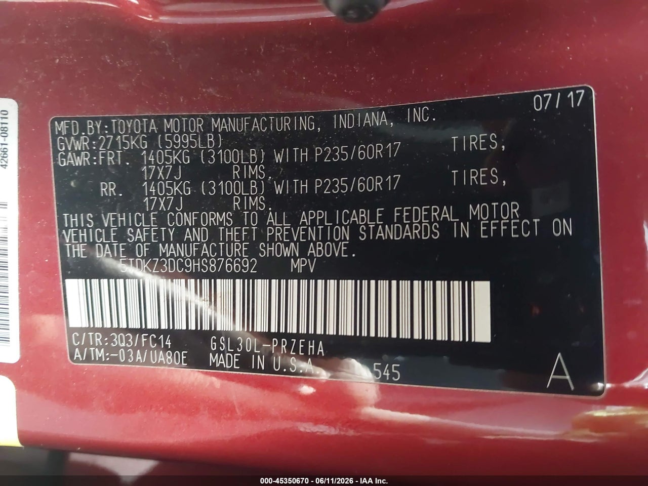 2017 TOYOTA SIENNA LE 8 PASSENGER thumbnail 10