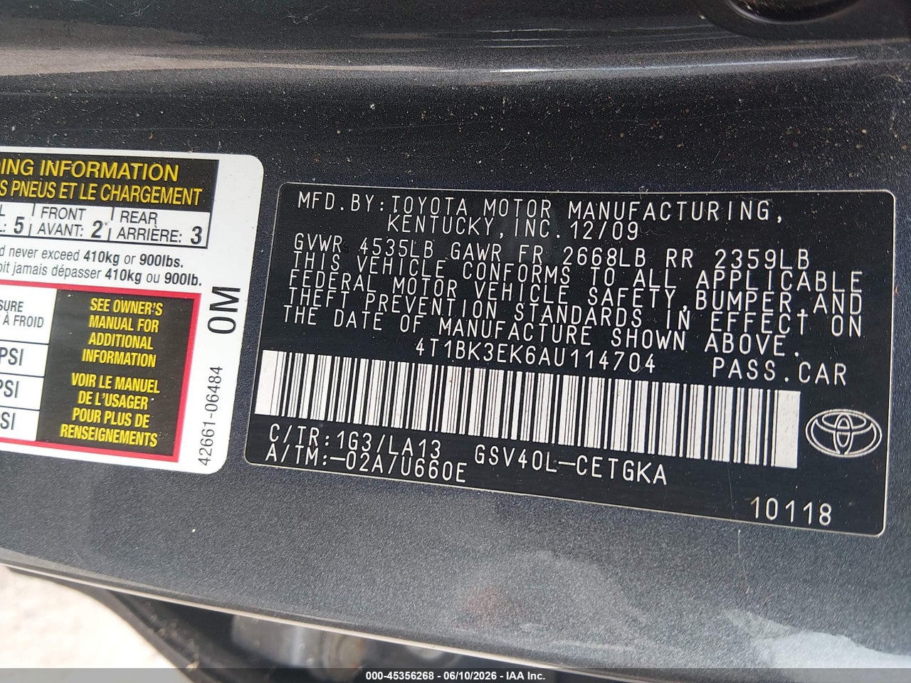 2010 TOYOTA CAMRY XLE V6 thumbnail 10