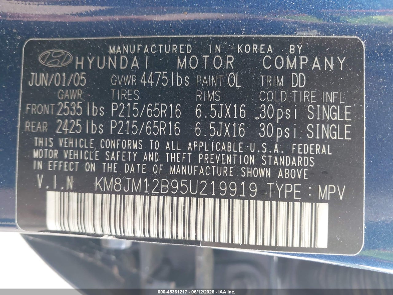 2005 HYUNDAI TUCSON GL thumbnail 10