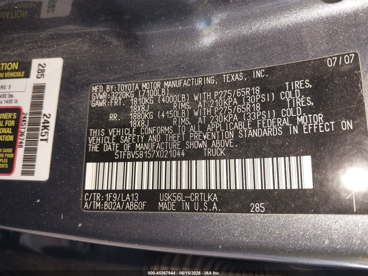 2007 TOYOTA TUNDRA LIMITED 5.7L V8 thumbnail 10