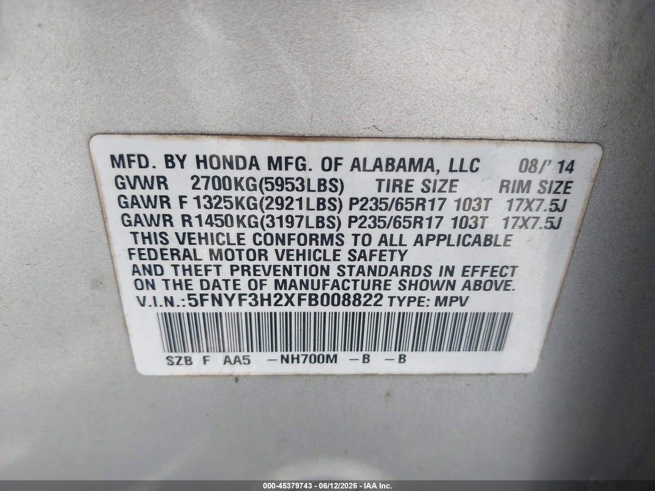 2015 HONDA PILOT LX thumbnail 10