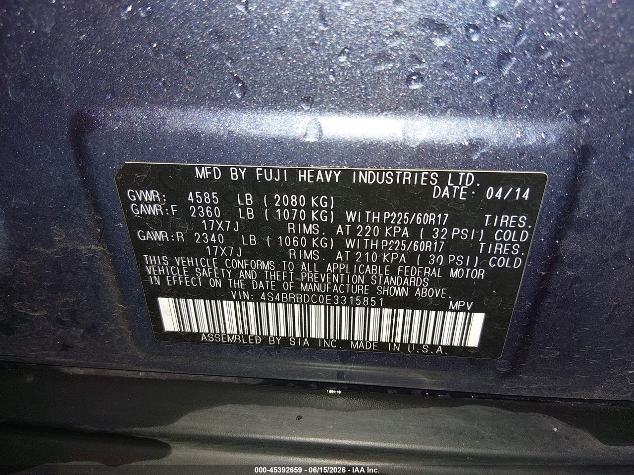 2014 SUBARU OUTBACK 2.5I PREMIUM thumbnail 10