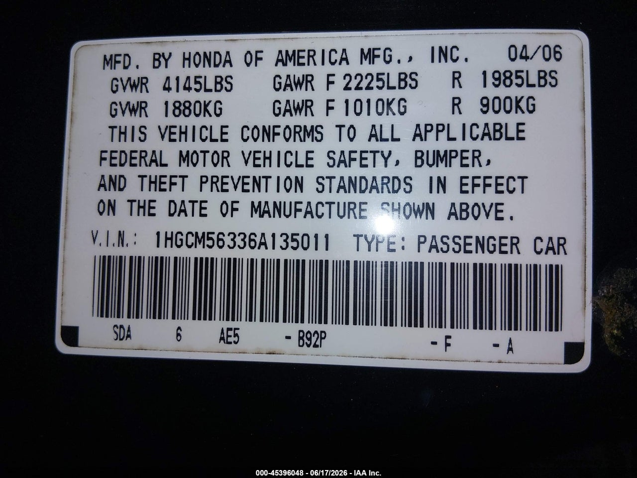 2006 HONDA ACCORD SE thumbnail 10