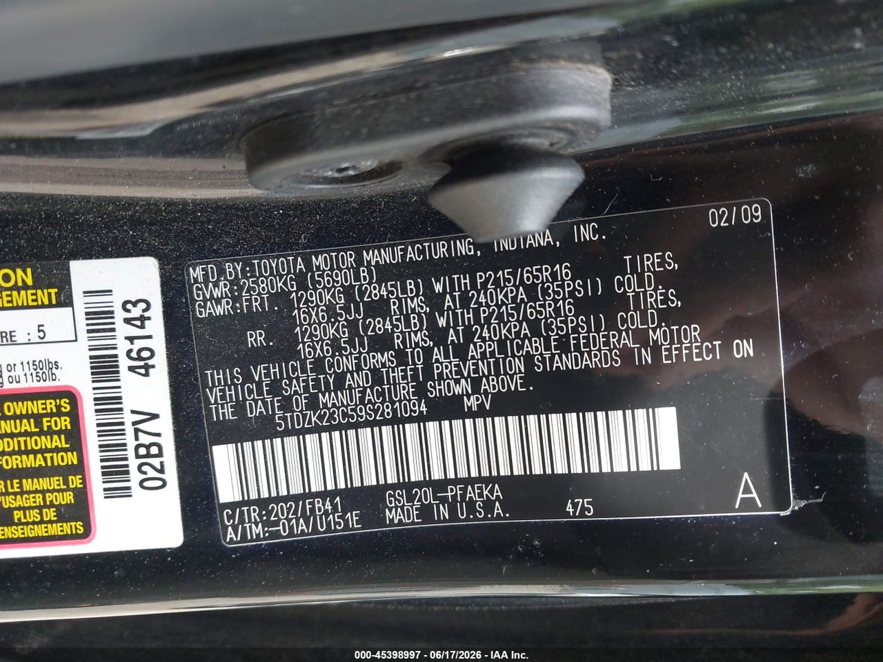 2009 TOYOTA SIENNA CE/LE thumbnail 10