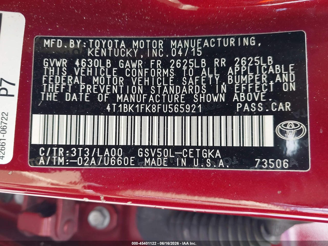 2015 TOYOTA CAMRY XLE V6 thumbnail 10
