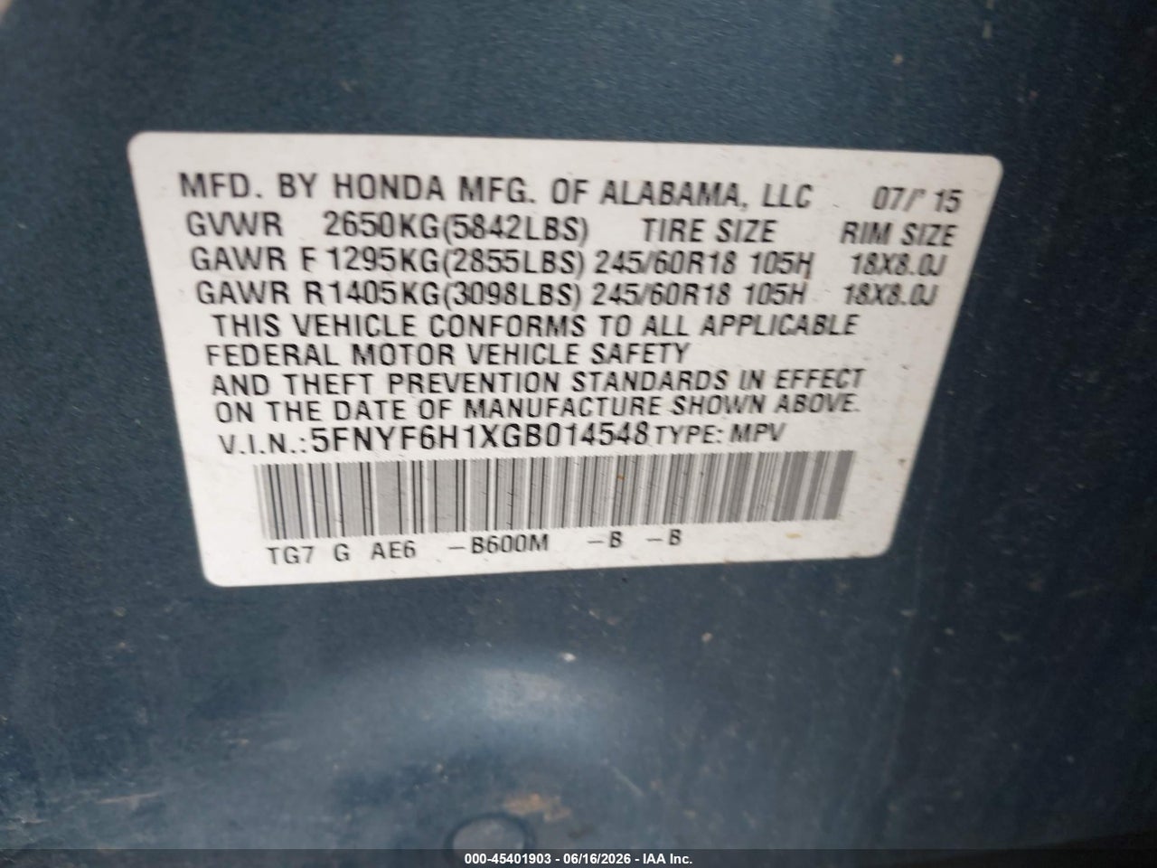 2016 HONDA PILOT LX thumbnail 10