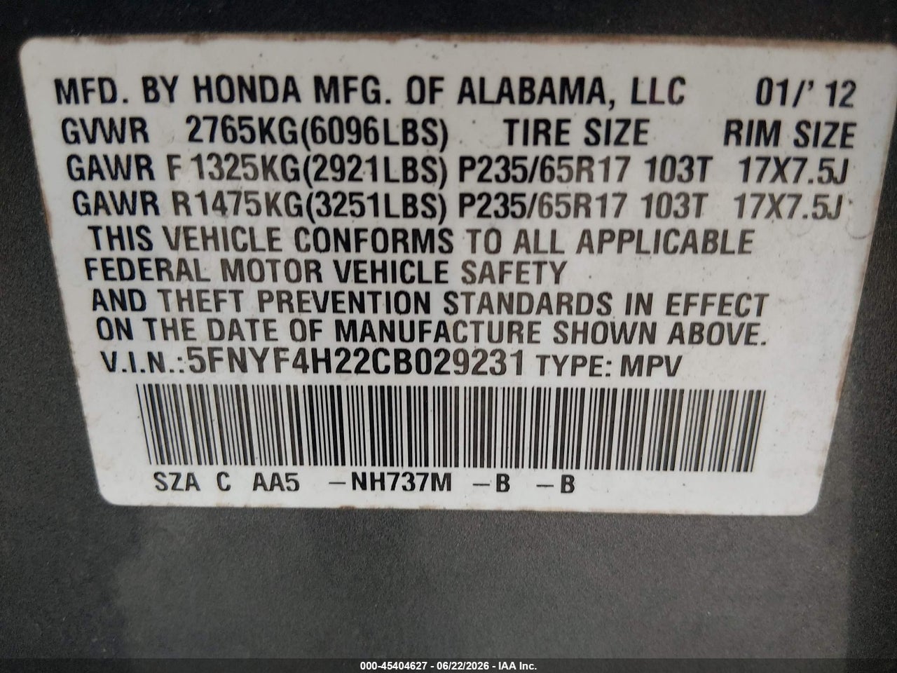 2012 HONDA PILOT LX thumbnail 10