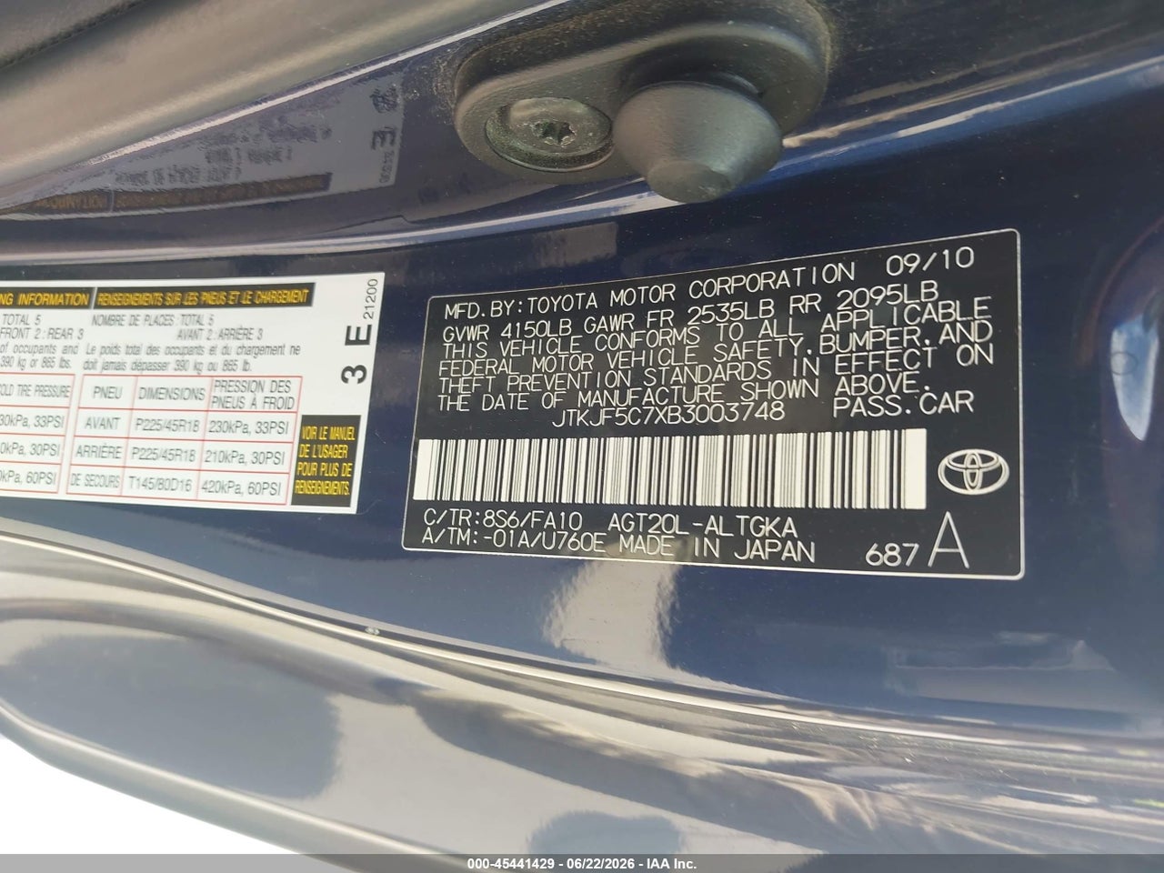 JTKJF5C7XB3****** · 2011 SCION TC   · 9/12