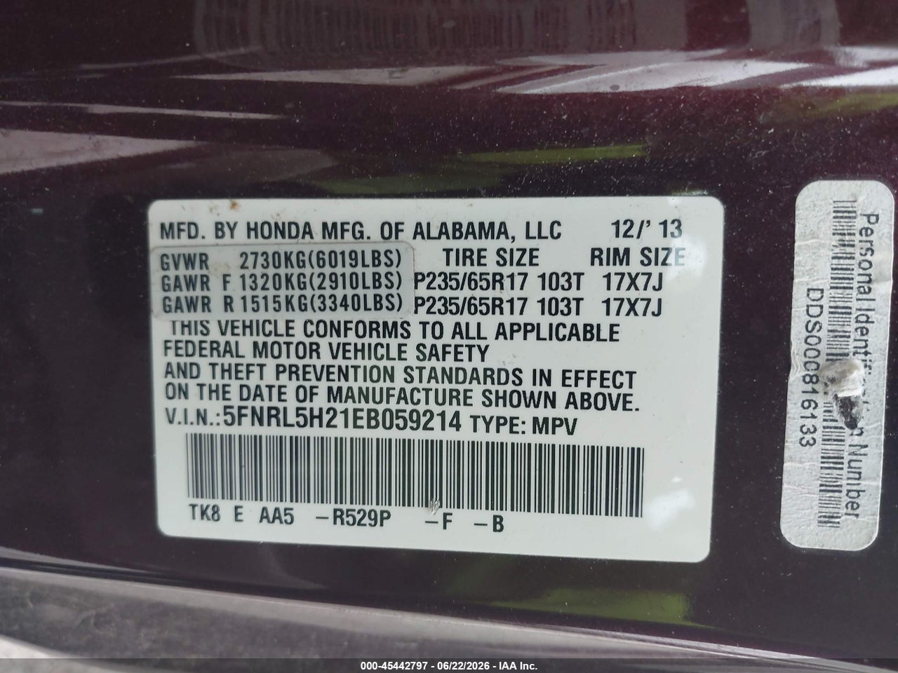 2014 HONDA ODYSSEY LX thumbnail 10