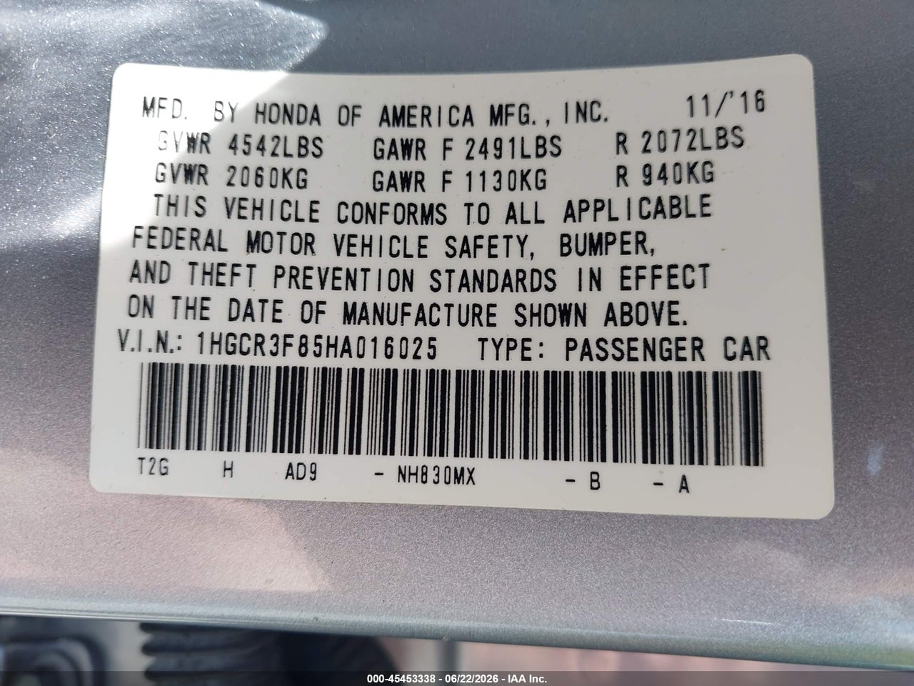 2017 HONDA ACCORD EX-L V6 thumbnail 10