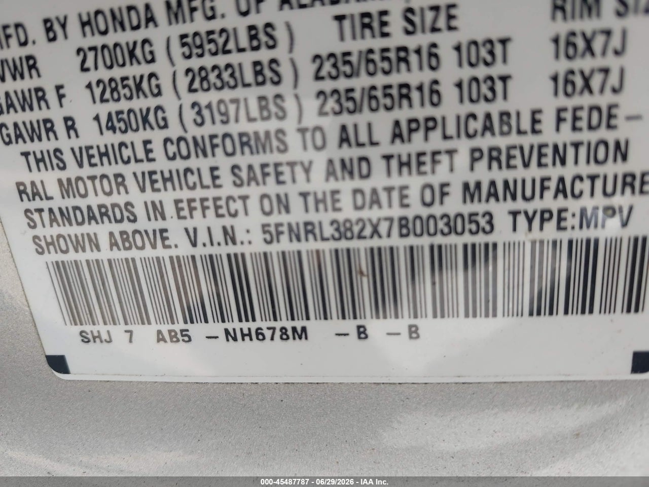 2007 HONDA ODYSSEY LX thumbnail 10