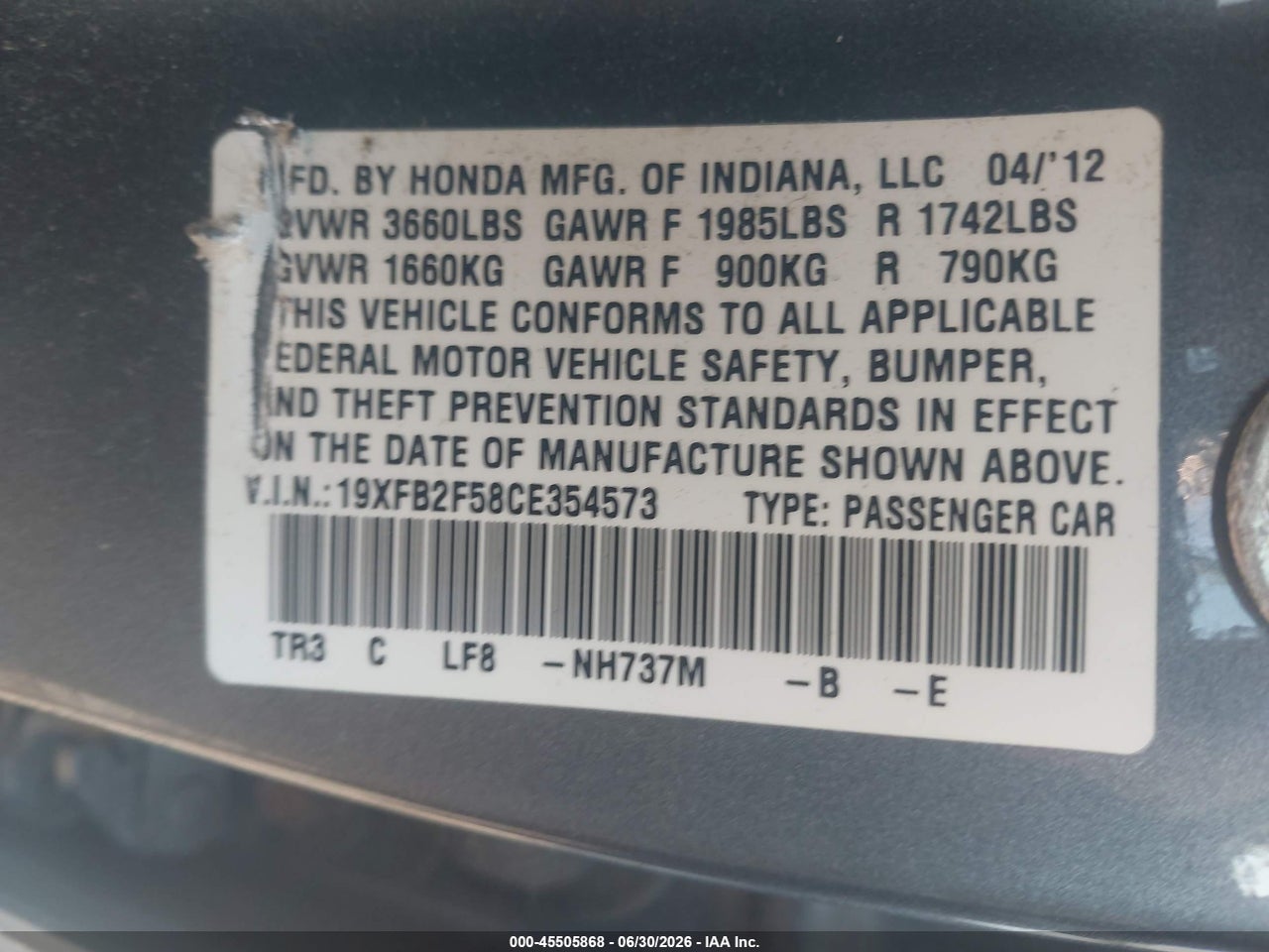 2012 HONDA CIVIC LX thumbnail 10