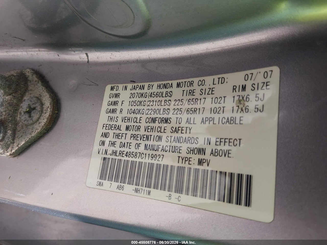 2007 HONDA CR-V EX thumbnail 10