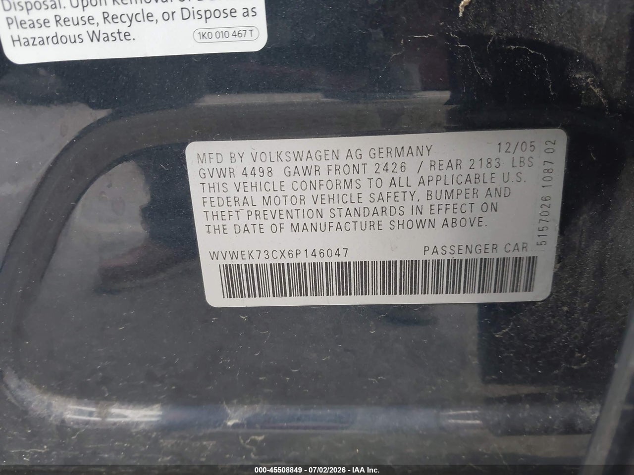 2006 VOLKSWAGEN PASSAT 2.0T thumbnail 10