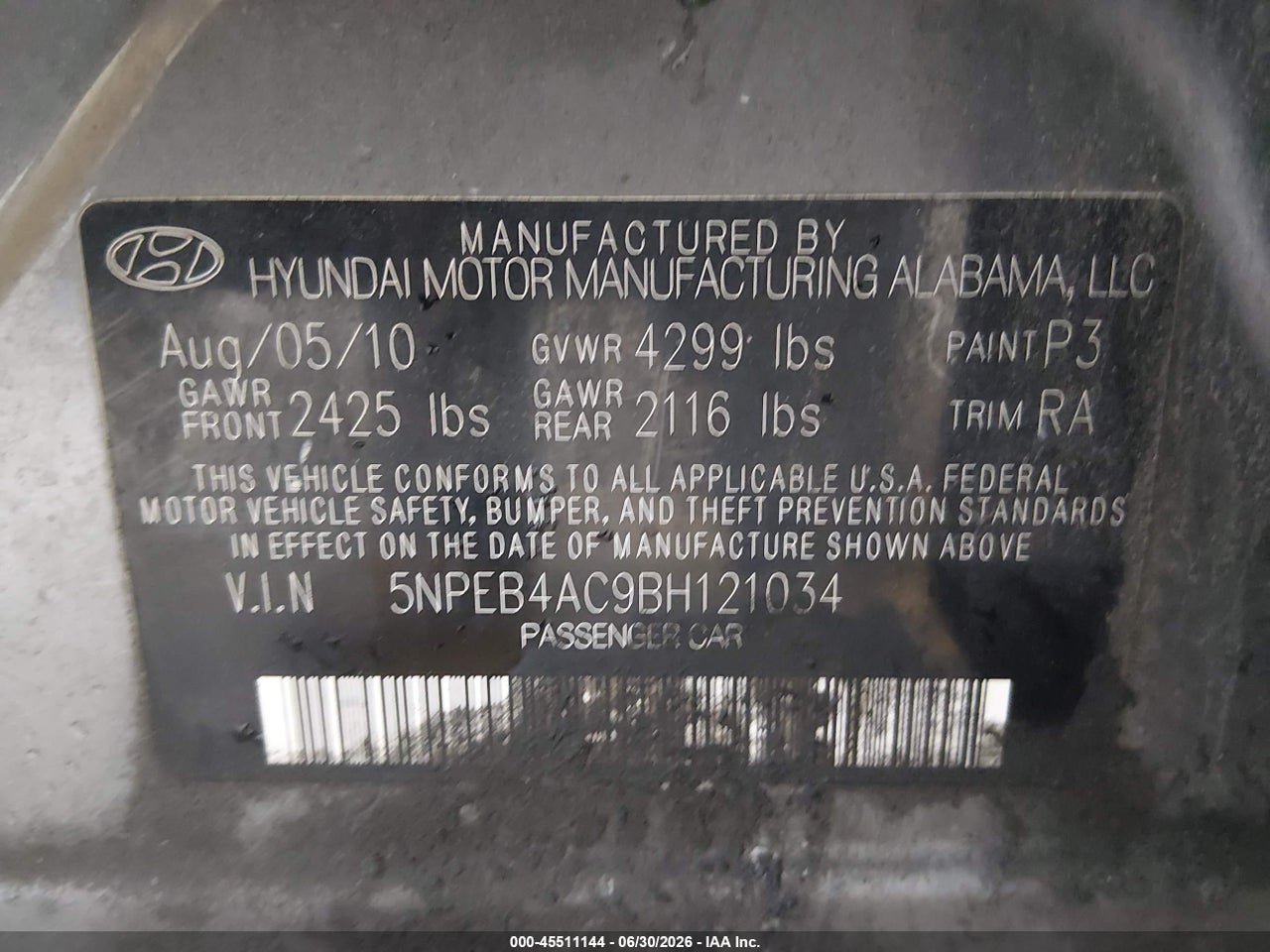 2011 HYUNDAI SONATA GLS thumbnail 10