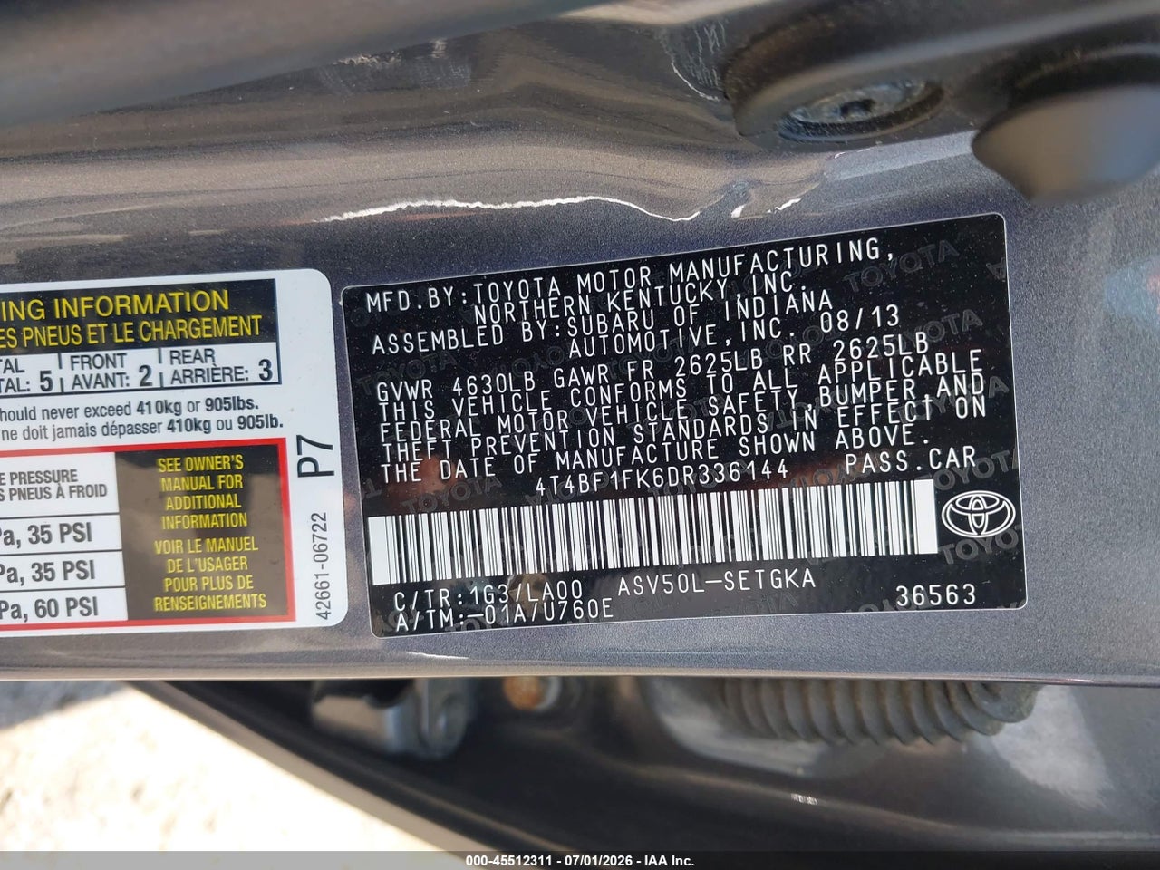 2013 TOYOTA CAMRY XLE thumbnail 10
