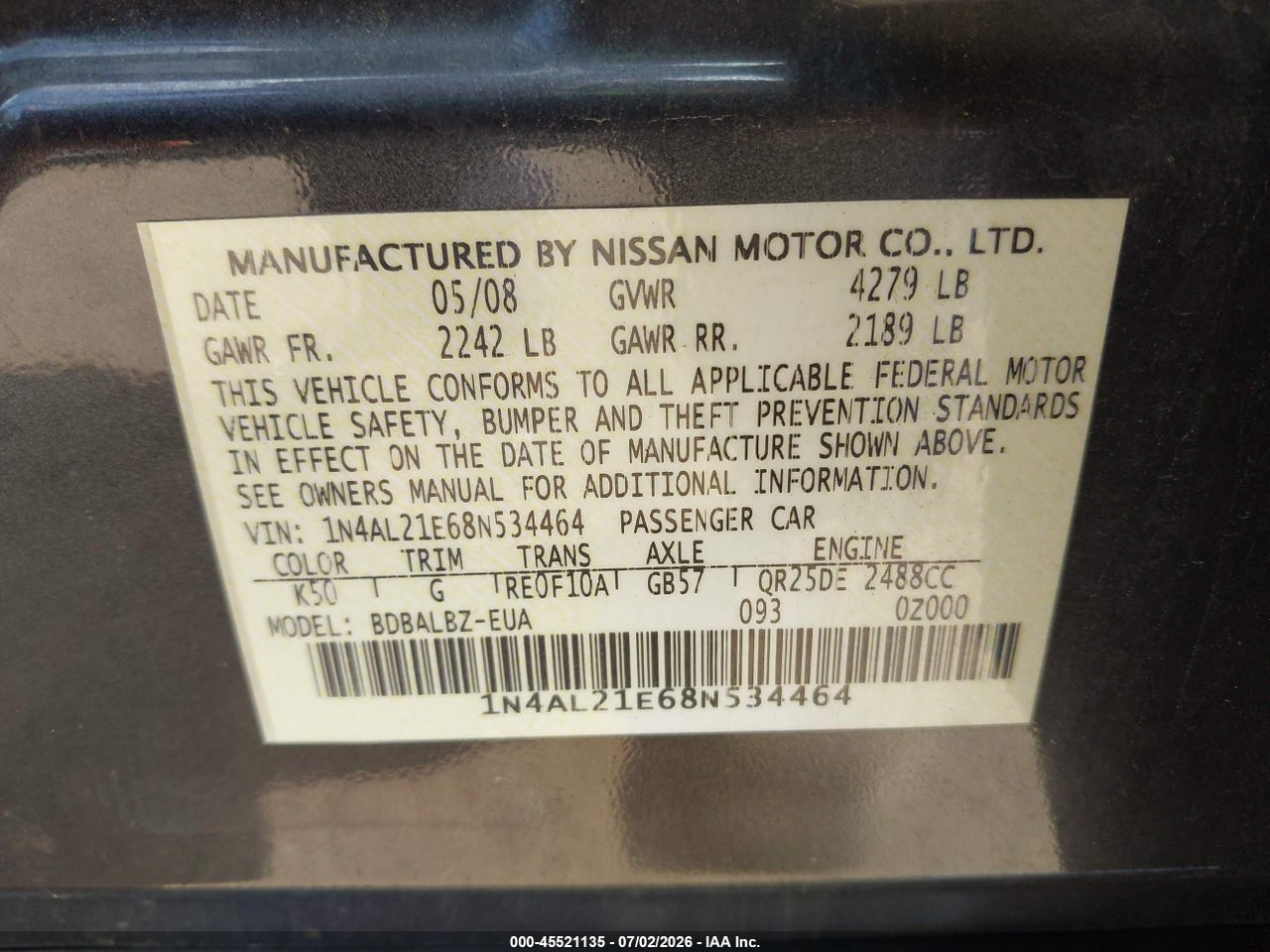 2008 NISSAN ALTIMA 2.5 S thumbnail 10