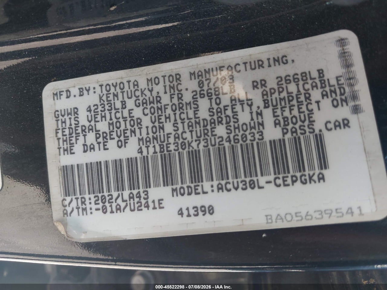 2003 TOYOTA CAMRY XLE thumbnail 10