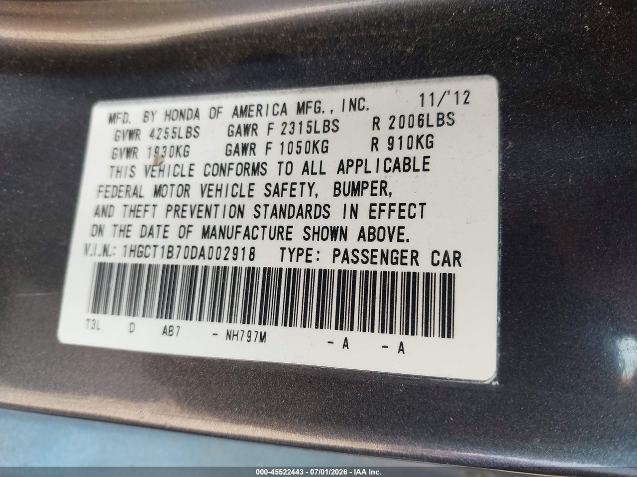 2013 HONDA ACCORD EX thumbnail 10