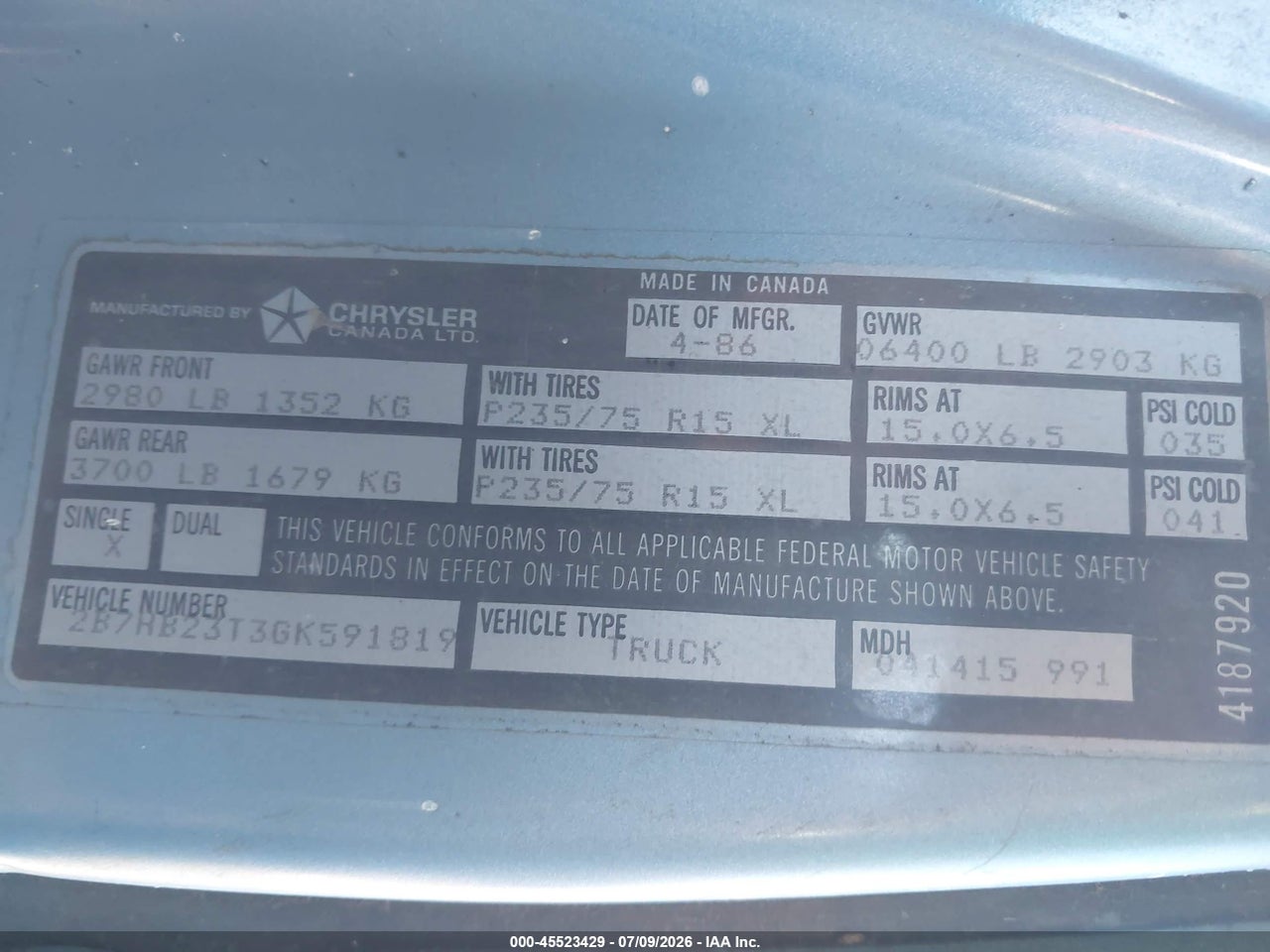 1986 DODGE RAM VAN B250 thumbnail 10