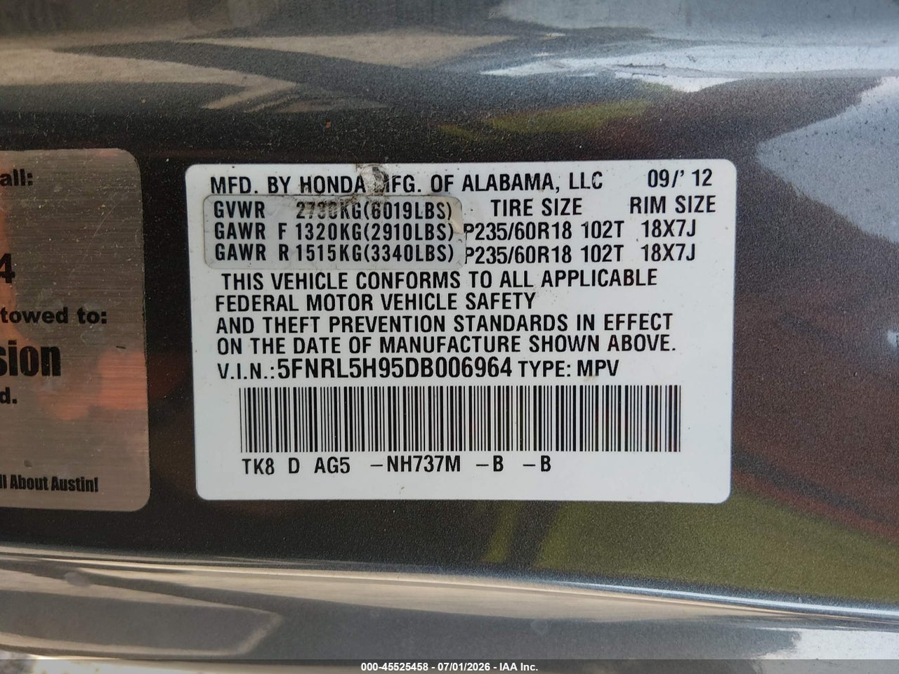 2013 HONDA ODYSSEY TOURING/TOURING ELITE thumbnail 10