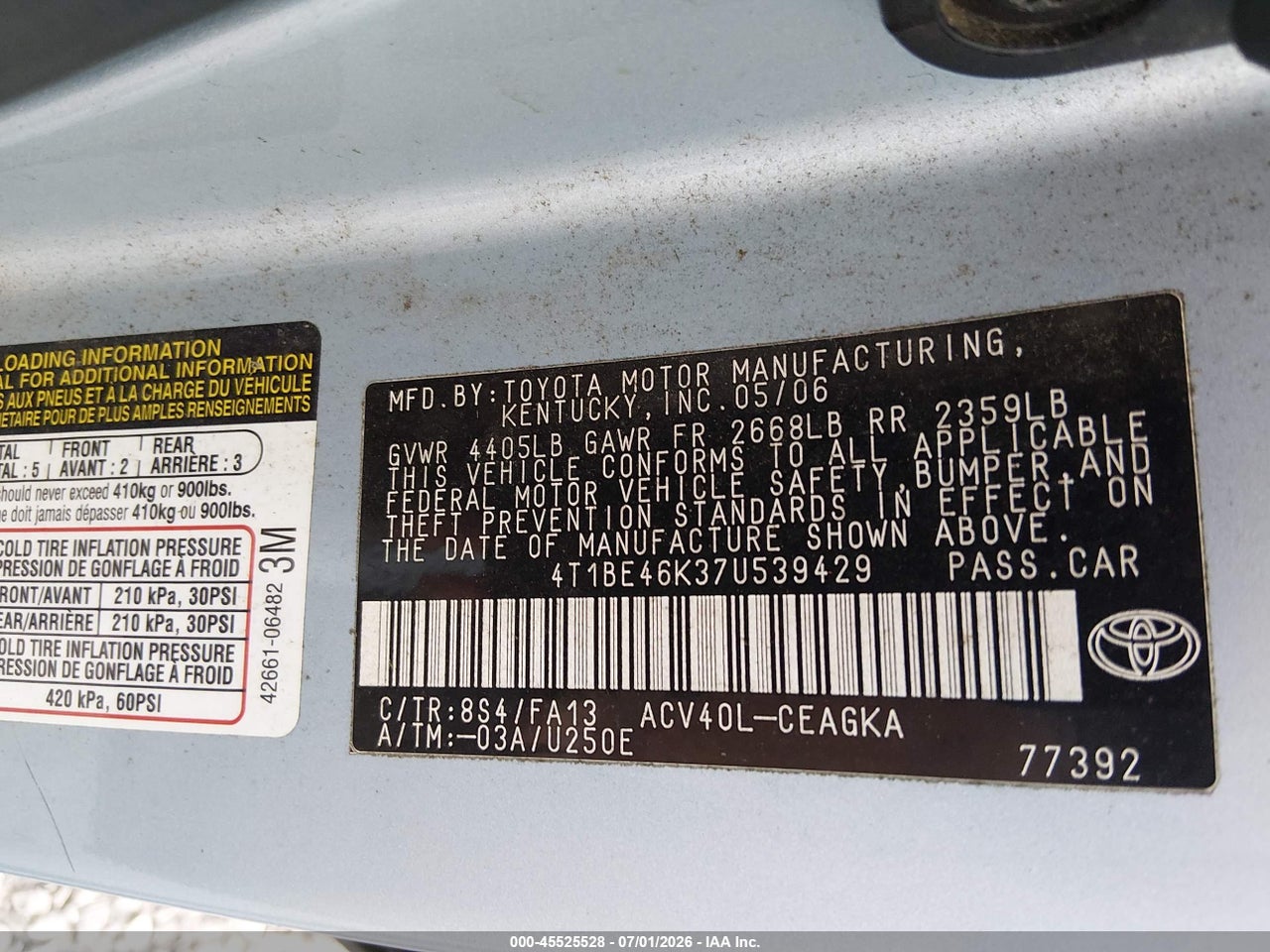 2007 TOYOTA CAMRY XLE thumbnail 10