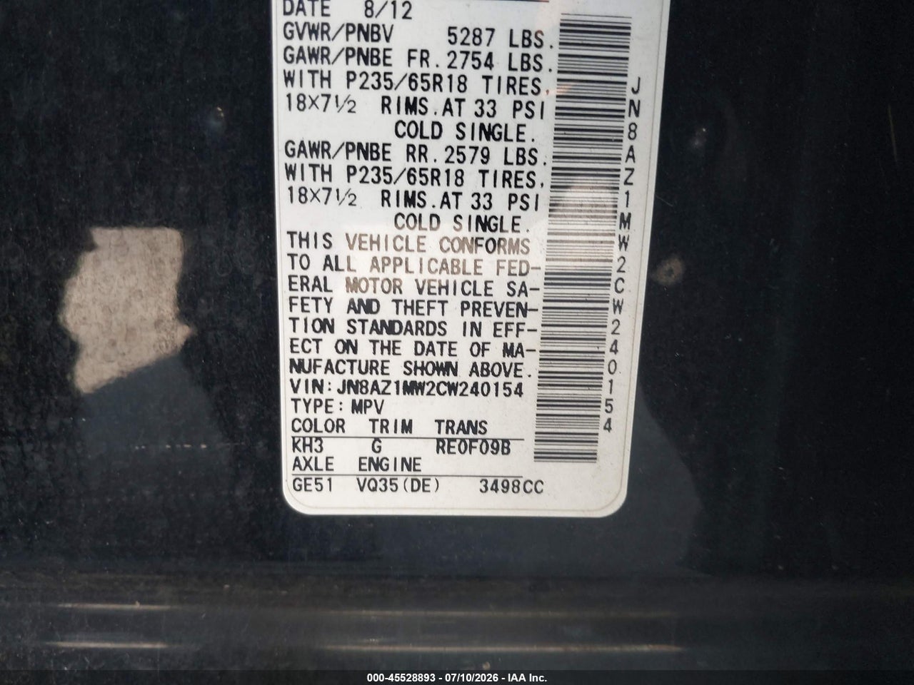 2012 NISSAN MURANO SL thumbnail 10