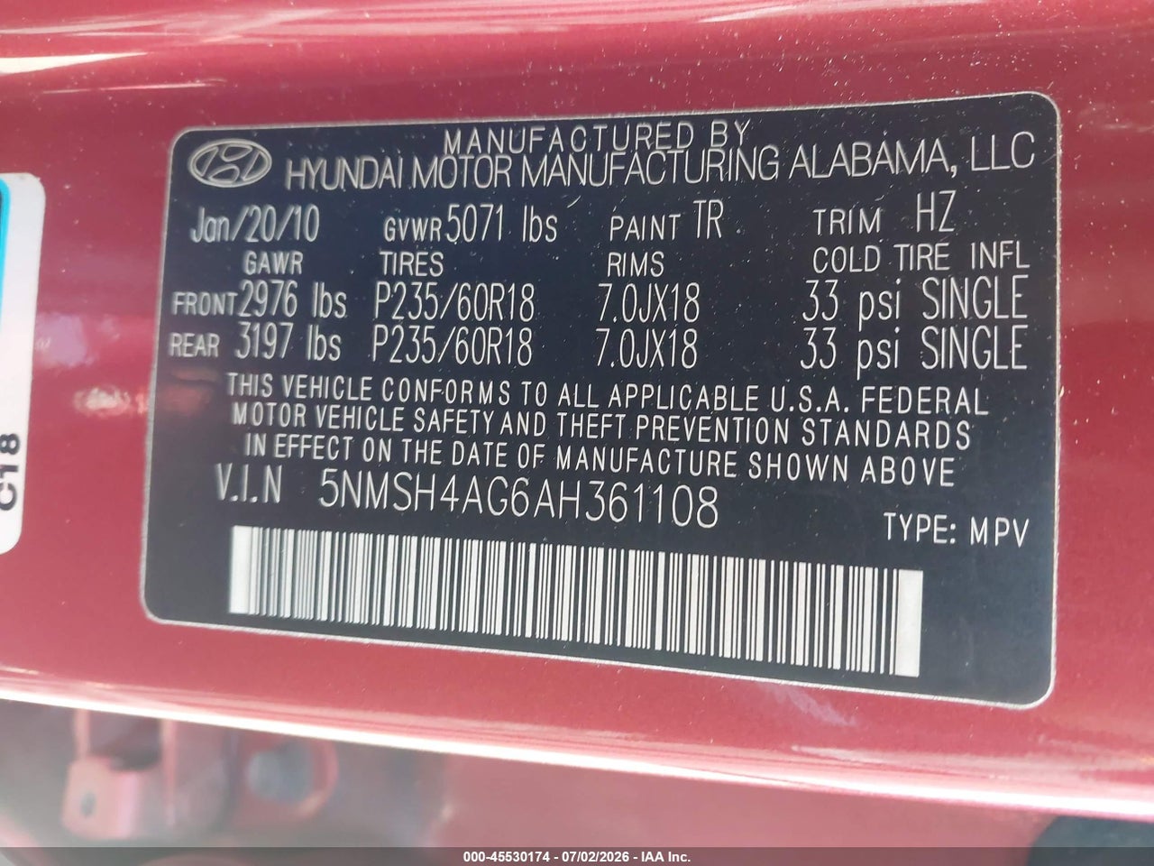 2010 HYUNDAI SANTA FE SE thumbnail 10