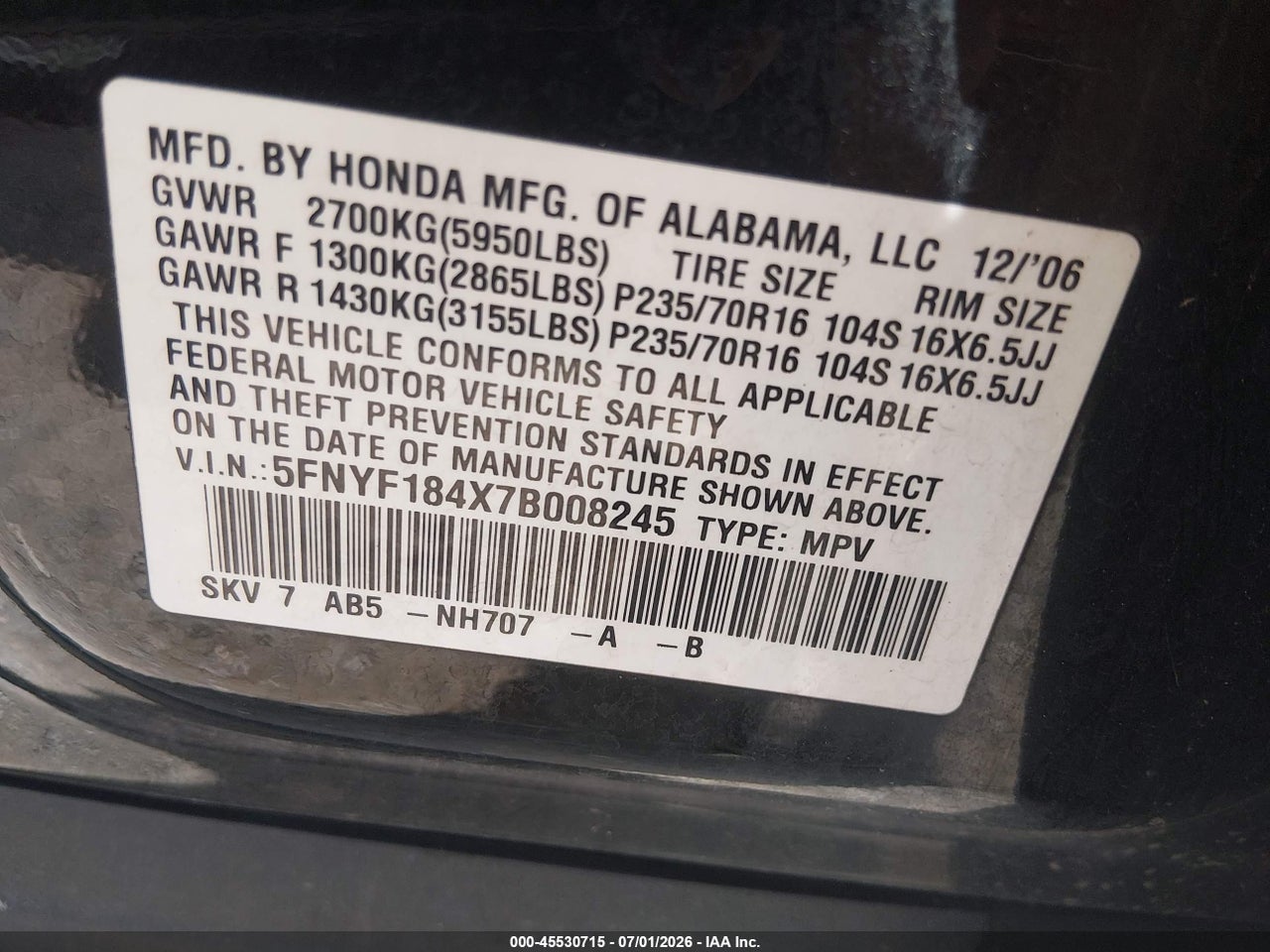 2007 HONDA PILOT EX thumbnail 10
