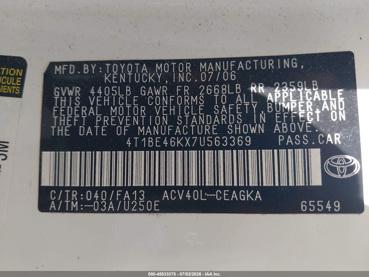 2007 TOYOTA CAMRY XLE thumbnail 10