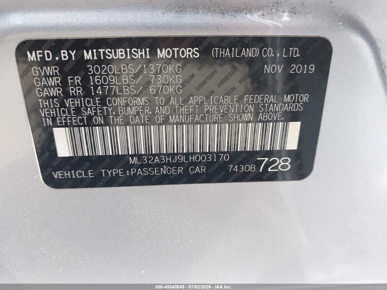 2020 MITSUBISHI MIRAGE ES thumbnail 10