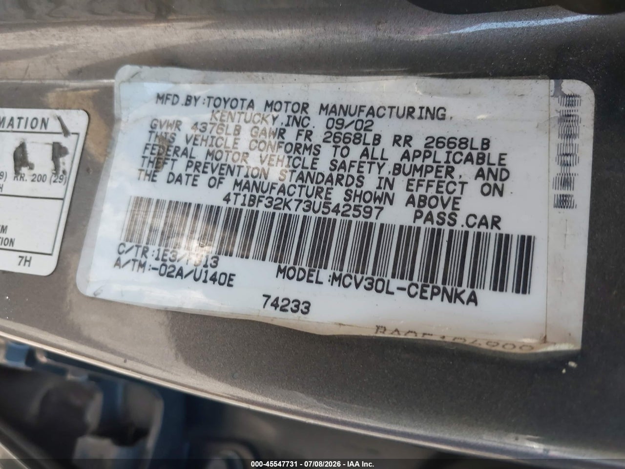 2003 TOYOTA CAMRY LE V6 thumbnail 10