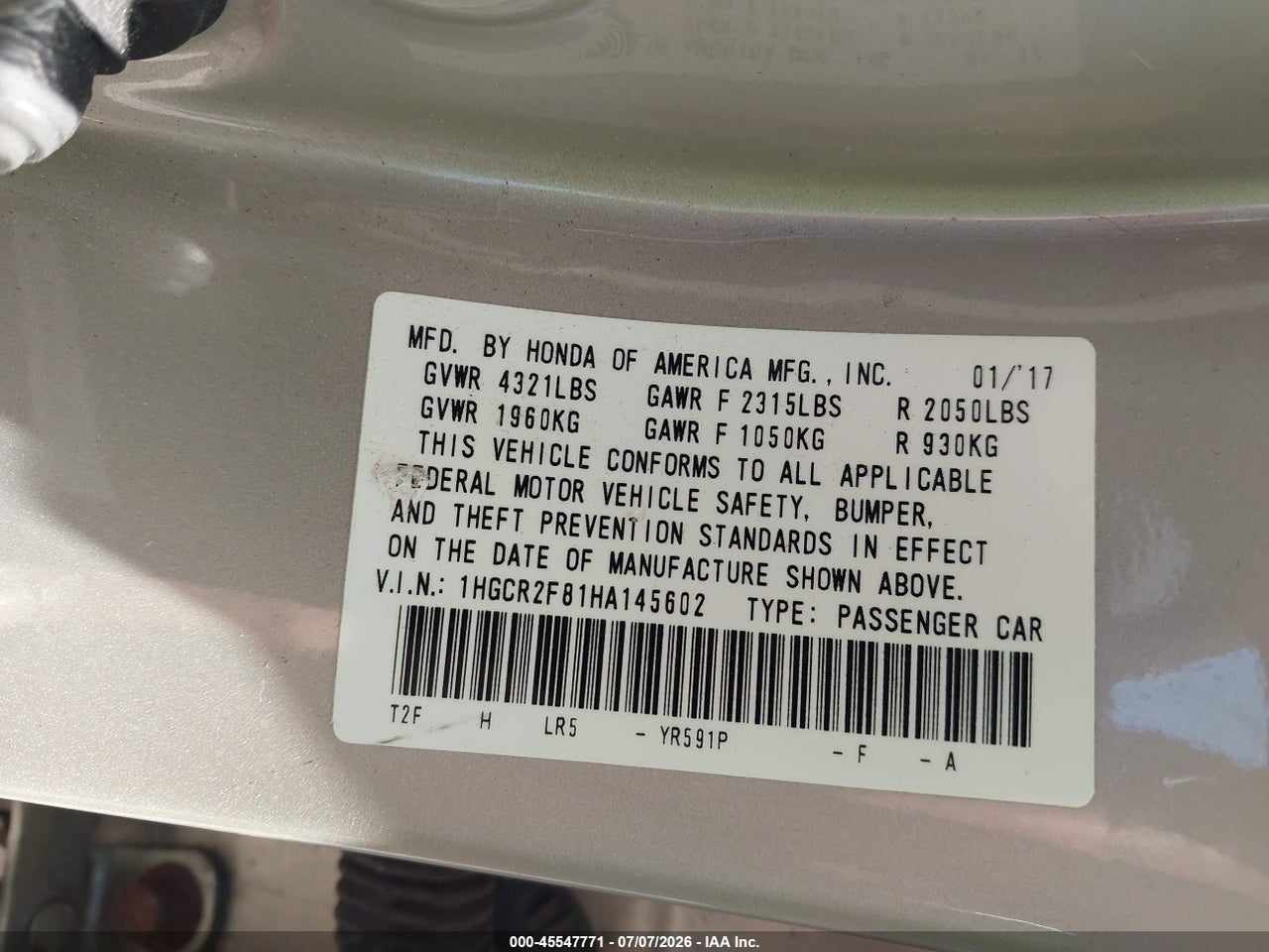 2017 HONDA ACCORD EX-L thumbnail 10