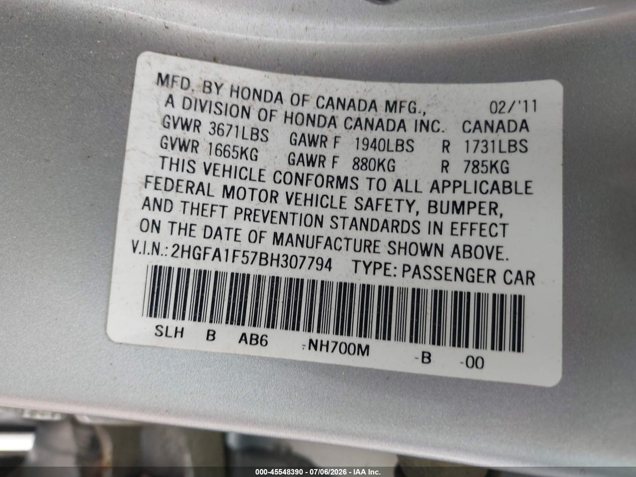 2011 HONDA CIVIC LX thumbnail 10