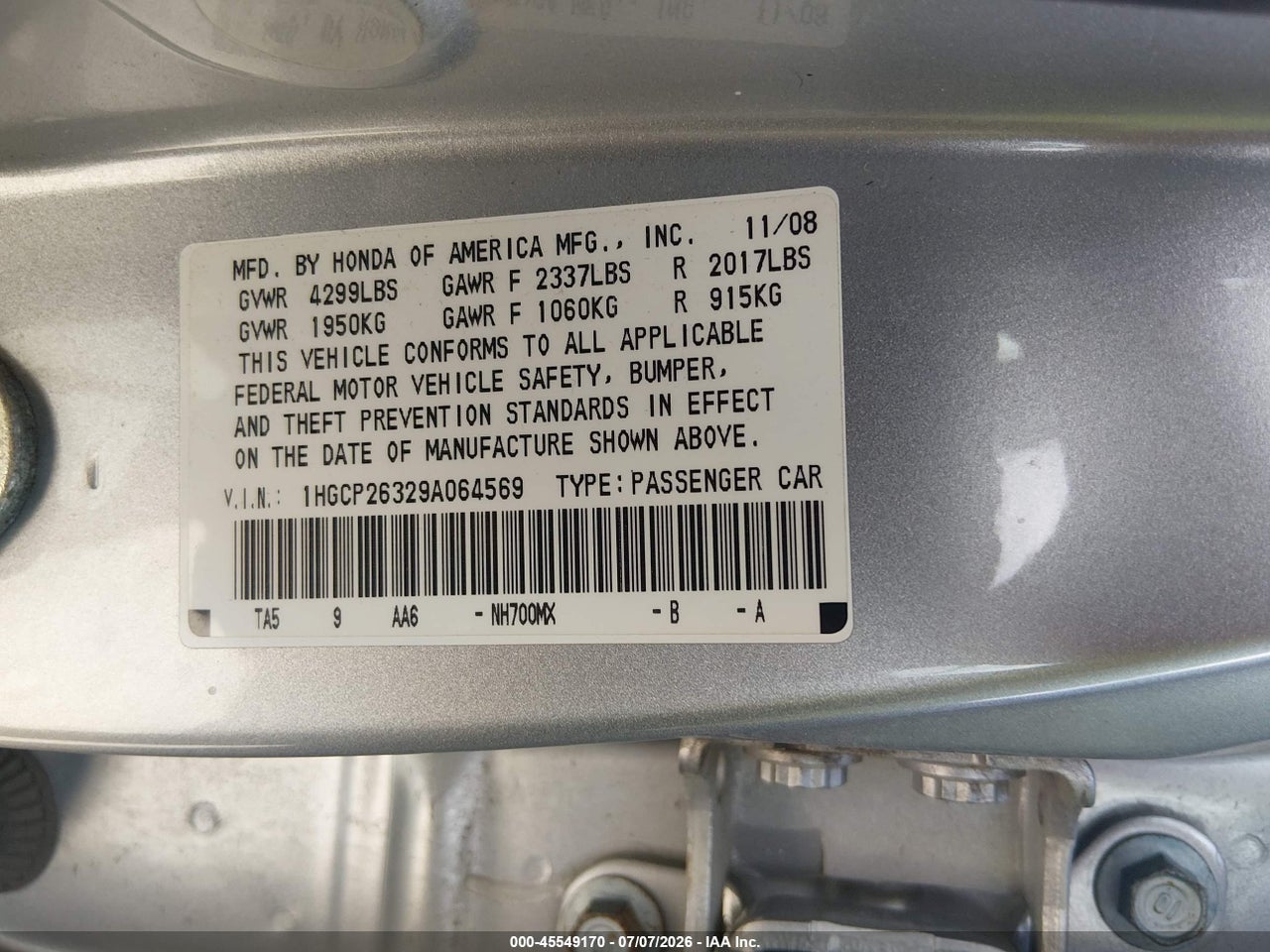 2009 HONDA ACCORD 2.4 LX thumbnail 10
