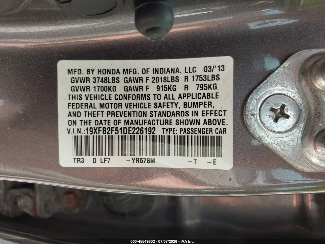 2013 HONDA CIVIC LX thumbnail 10