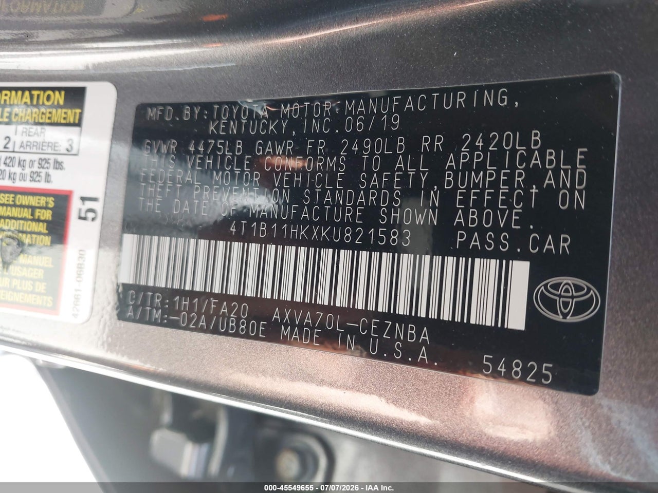 2019 TOYOTA CAMRY LE thumbnail 10