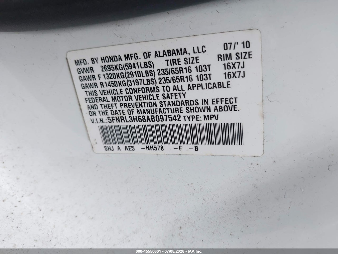2010 HONDA ODYSSEY EX-L thumbnail 10
