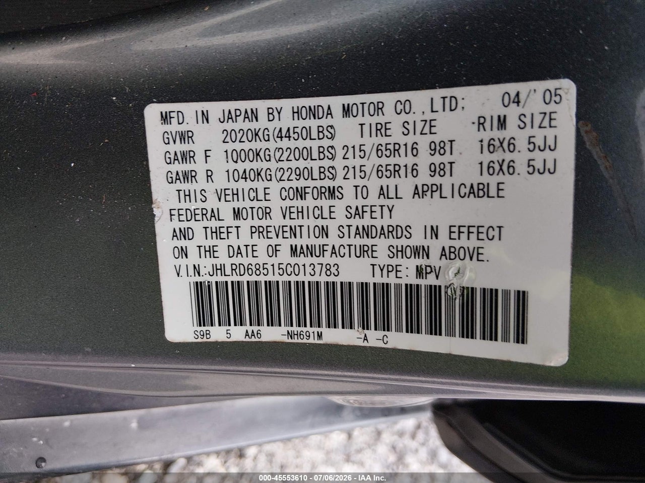 2005 HONDA CR-V LX thumbnail 10
