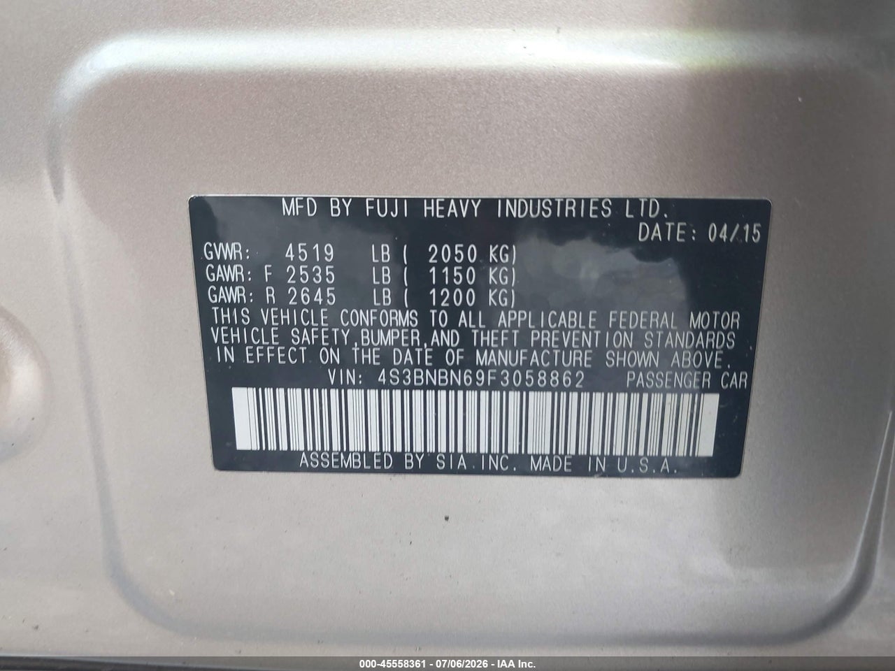 2015 SUBARU LEGACY 2.5I LIMITED thumbnail 10