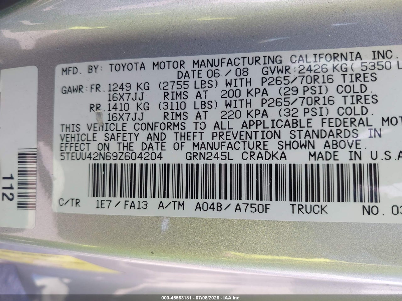 2009 TOYOTA TACOMA BASE V6 thumbnail 10
