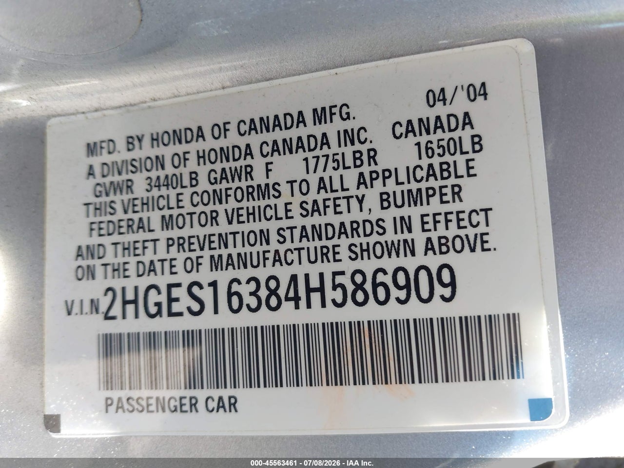 2004 HONDA CIVIC DX VP thumbnail 10