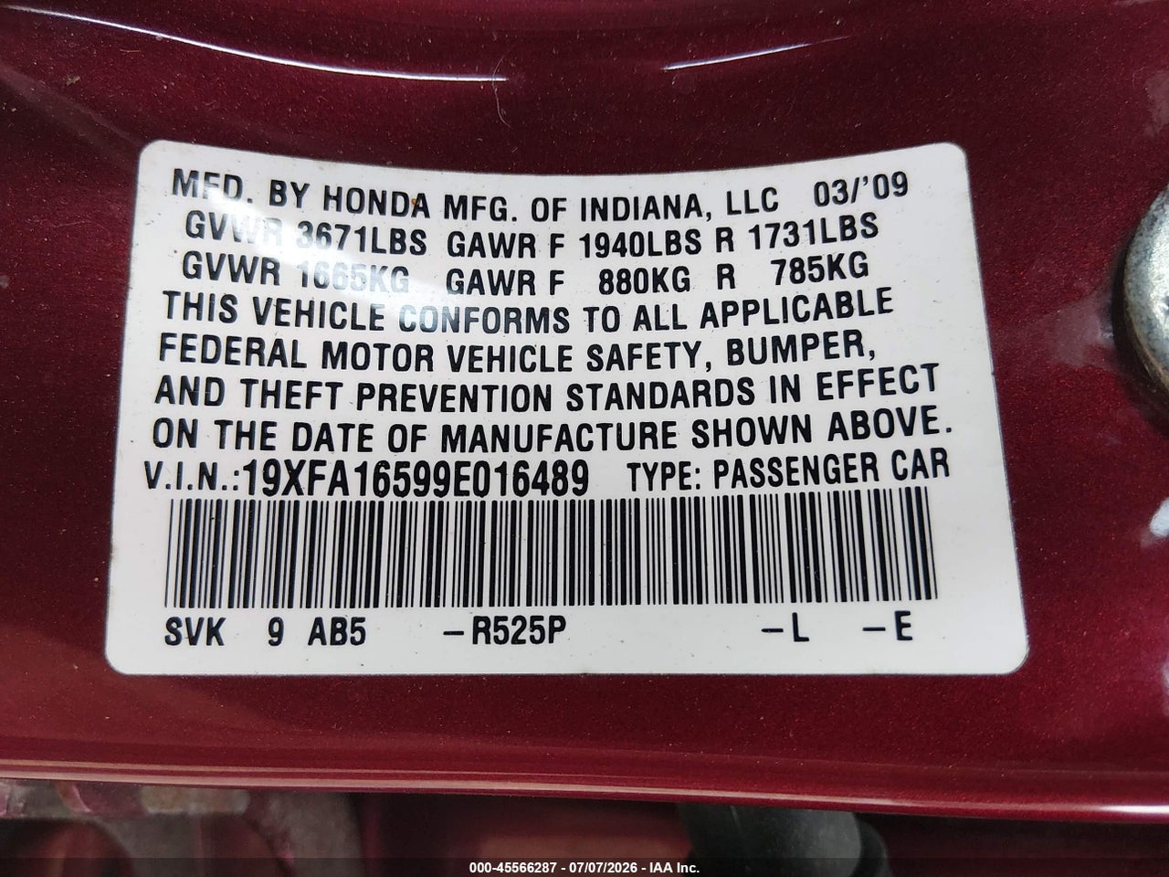 2009 HONDA CIVIC LX thumbnail 10