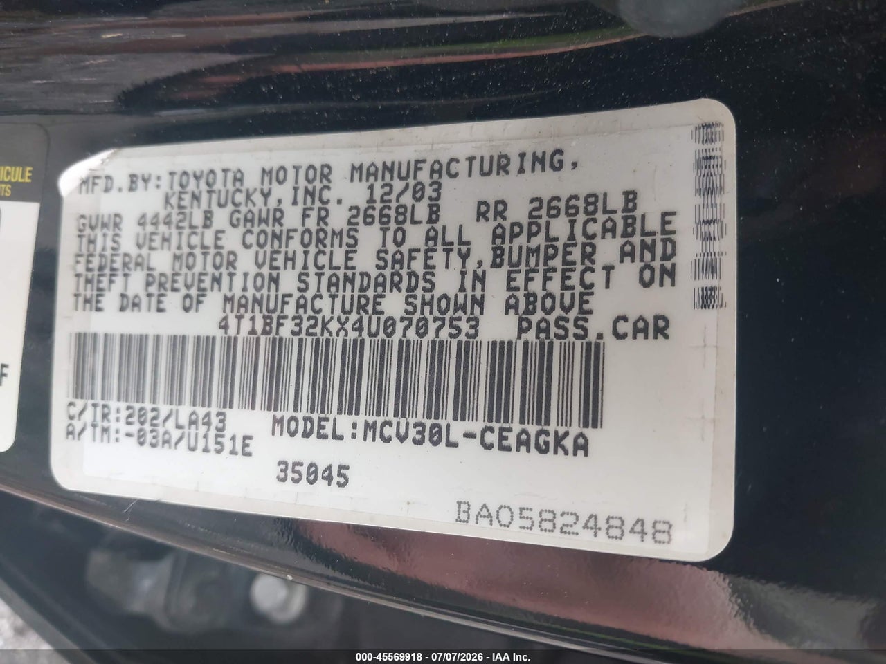 2004 TOYOTA CAMRY XLE V6 thumbnail 10