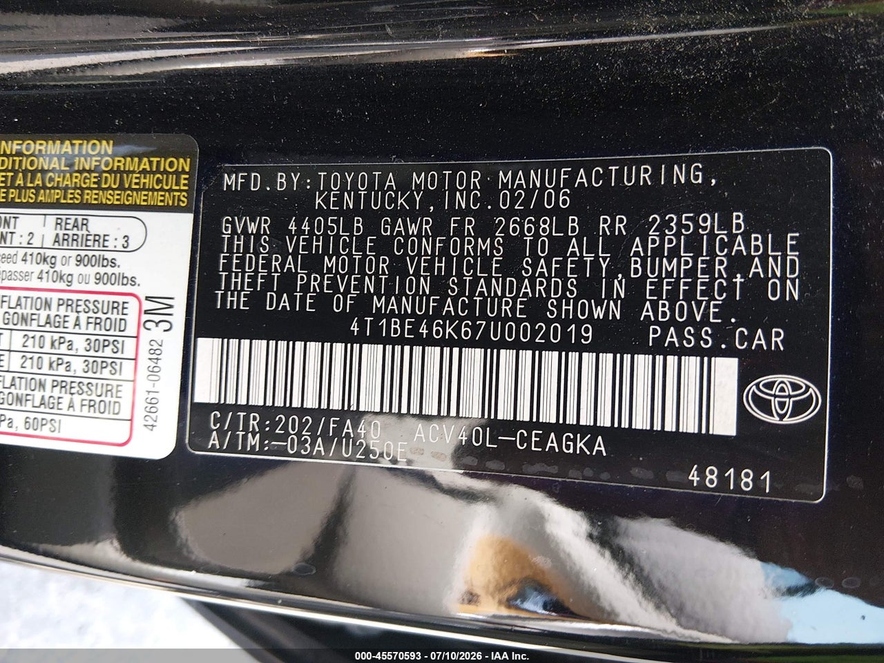 2007 TOYOTA CAMRY XLE thumbnail 10