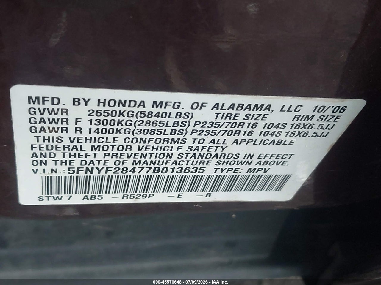 2007 HONDA PILOT EX thumbnail 10